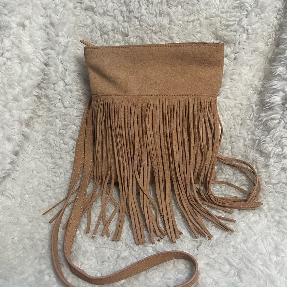 Margot leather suede blush pink fringe small crossbody bag.